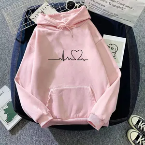 Sweat à Capuche Femme Imprimé Battement de Cœur Manche Longue Pullover Doublé Polaire Coupe Large Décontracté Sport Sweat