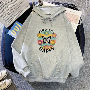 Women's Casual Butterfly Flower Print Hoodie Find The Happy Pullover Fleece Lined Sweatshirt Kangaroo Pocket Long Sleeve Top