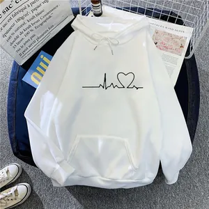 Sweat à capuche blanc ample pour femme avec motif pouls cardiaque et poche kangourou