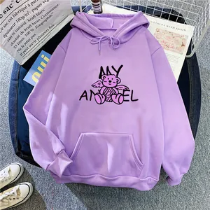 Close-up of oversized purple hoodie featuring angel bear print and kangaroo pocket