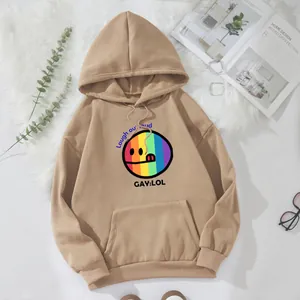 Close-up of khaki hoodie featuring rainbow smiley face and Laugh Out Loud text print