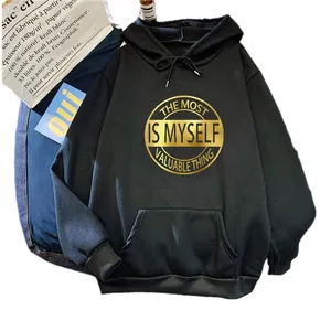 Oversize black fleece hoodie with gold foil quote and front kangaroo pocket