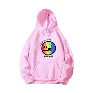 Pink hooded sweatshirt with rainbow smiley face and Laugh Out Loud print design