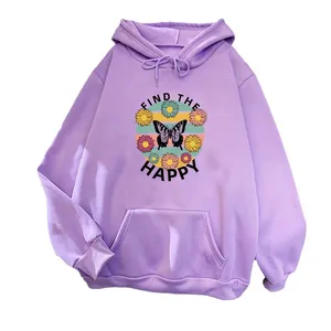Purple hooded sweatshirt with butterfly floral print and classic kangaroo pocket