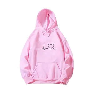 Sweat à capuche oversize rose pour femme avec imprimé ligne de cœur et poche kangourou