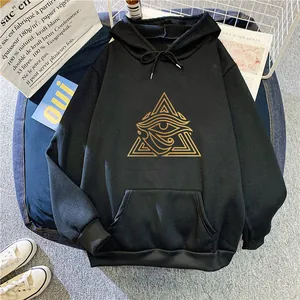 Black drawstring hoodie with gold Eye of Horus graphic and front kangaroo pocket