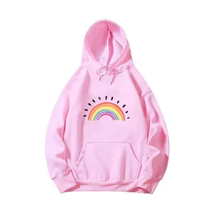 Sweat à capuche rose surdimensionné avec imprimé arc-en-ciel et poche kangourou femme