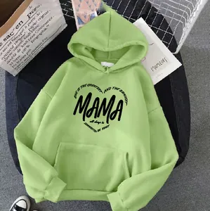 Oversize light green hoodie for women with heart-shaped MAMA graphic and kangaroo pocket