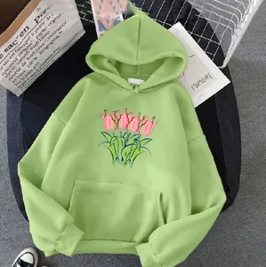 Oversize light green hoodie for women with pink tulip print and kangaroo pocket