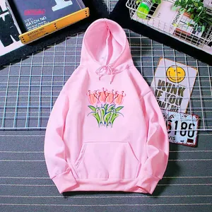 Pink oversized hoodie with tulip floral print, drawstring hood and front pouch pocket