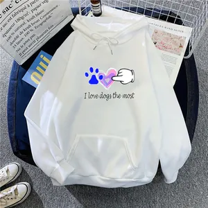 White minimalist hoodie for women with 'I love dogs' print and cozy hood detail