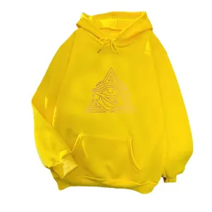 Oversized yellow letter hoodie for women with graphic eye design and loose drawstring hood