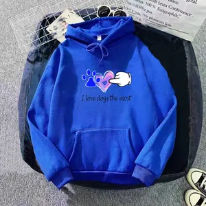 Blue oversized hoodie with 'I love dogs the most' print and front kangaroo pocket