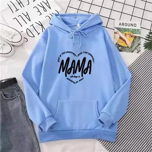 Flat lay of light blue oversized hoodie with MAMA heart print and drawstring hood