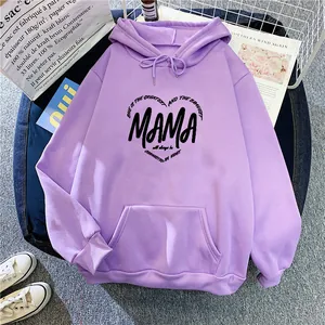 Detailed view of Mama heart print and kangaroo pocket on light purple oversize hoodie