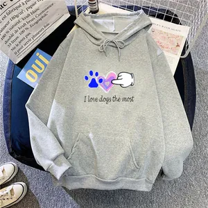Detail of grey oversize hoodie featuring colorful dog paw and heart graphic with drawstring