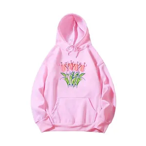 Oversize light pink hoodie with hand-painted tulip graphics and front kangaroo pocket