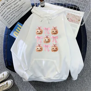 Women Halloween Pumpkin Pink Bow Print Hooded Hoodie Fleece Sweatshirt Loose Pullover Long Sleeve Casual Sweet Tops