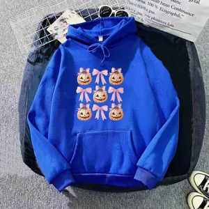 Royal blue oversized hoodie with Halloween pumpkin and pink bow print for women