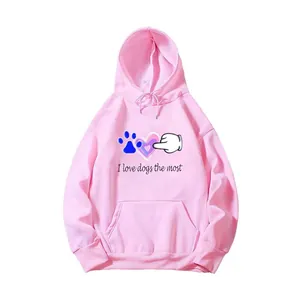 Women's pink hooded sweatshirt with I Love Dogs graphic and convenient kangaroo pocket