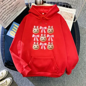 Red oversized hooded sweatshirt with Halloween pumpkin and pink bow print for women