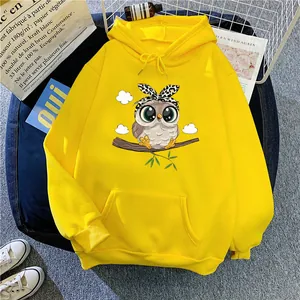 Damen Oversize Vliesgefüttert Kapuzenpullover Cartoon Eule Druck Pullover Mit Kängurutasche Lässig Winter Top