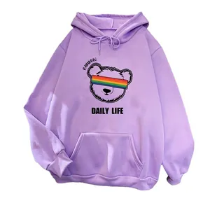 Oversized purple hoodie for women featuring a creative rainbow glasses bear print and front pocket