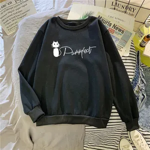 Felpa da Donna Casual Con Stampa Gatto e Lettera Purrfect Girocollo a Manica Lunga Pullover Largo in Misto Poliestere