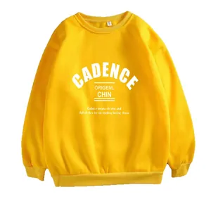Casual yellow round neck sweatshirt with white letter print and ribbed cuffs for women