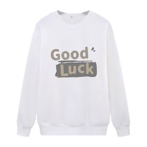 Sweat-shirt blanc pour femme à col rond avec imprimé 'Good Luck' et finitions côtelées