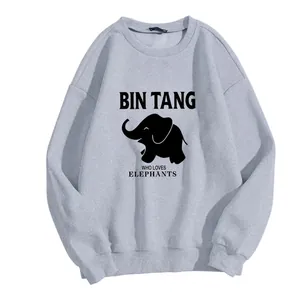 Women's crewneck sweatshirt in light grey-blue featuring a black elephant graphic print