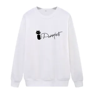 Loose white crewneck sweatshirt featuring a black cartoon cat print and Purrrfect text