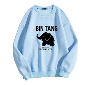 Light blue crewneck sweatshirt with elephant graphic and Bin Tang print for women