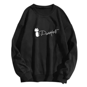 Detail of Purrfect cat print on black long-sleeve crewneck cotton sweatshirt