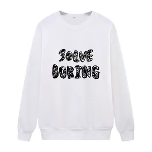 Women's white crewneck sweatshirt with Solve Boring graphic and ribbed trim details
