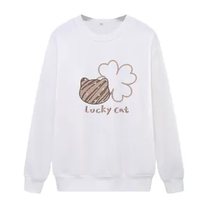 Women's white crewneck sweatshirt with Lucky Cat and flower graphic in a loose fit