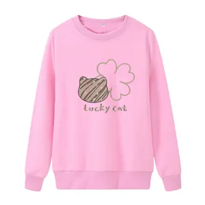 Women's pink crewneck sweatshirt with Lucky Cat print and ribbed cuffs in loose fit