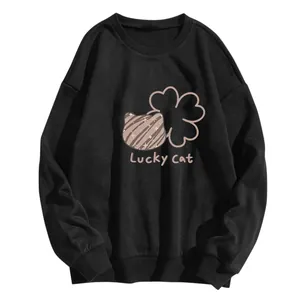 Women's black round neck sweatshirt with Lucky Cat print and clover detail