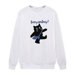 Detail of white crewneck sweatshirt with a cute cartoon black cat and L size label