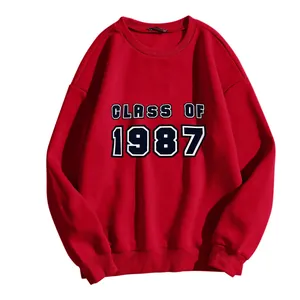 Detail of Class of 1987 print on red crewneck sweatshirt with ribbed cuffs