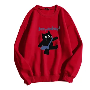 Oversized red crewneck sweatshirt with cute black cat print and blue beeyanbuy lettering