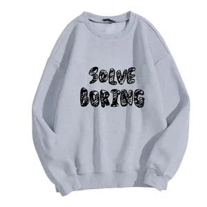 Grey crewneck sweatshirt for women with Solve Boring print in a casual loose fit design