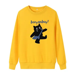 Bright yellow round neck sweatshirt with cartoon cat print and ribbed cuffs