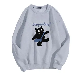 Loose light grey crewneck sweatshirt with a cartoon black cat print and ribbed trim