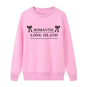 Sweat rose col rond avec imprimé Romantic Long Island et détails nœuds, coupe ample décontractée