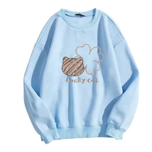 Women's Casual Loose Round Neck Sweatshirt Lucky Cat Flower Print Long Sleeve Pullover Autumn Winter Fashion Top