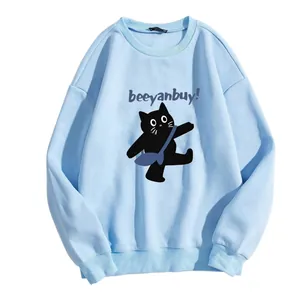 Light blue crewneck sweatshirt featuring a cute black cat cartoon print and beeyanbuy text
