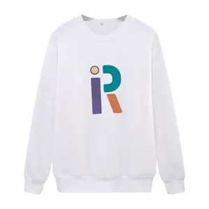 White crewneck sweatshirt with colorful geometric print and yellow smiley face graphic