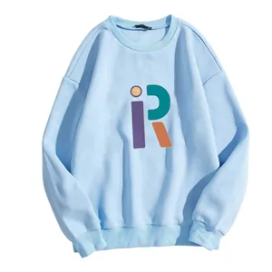 Light blue crewneck sweatshirt with letter R and yellow smiley face print, loose fit style