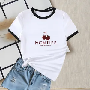 T-Shirt Ringer pour Femmes Bordure Contrastée Manches Courtes Col Rond Imprimé Cerise T-Shirt Décontracté Coupe Ajustée Été